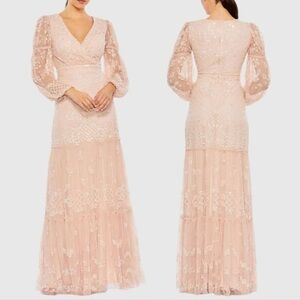 Used Mac Duggal Elegant Blush Pink Lace Maxi Dress -  Sheer Balloon Sleeves Long